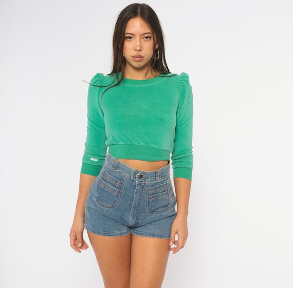 80s Teal Velour Crop Top Puff Sleeve Green Cropped Huk A Poo Long Sleeve Ribbed Trim Fitted Dance Balletcore Blouse Vintage Extra Small XS