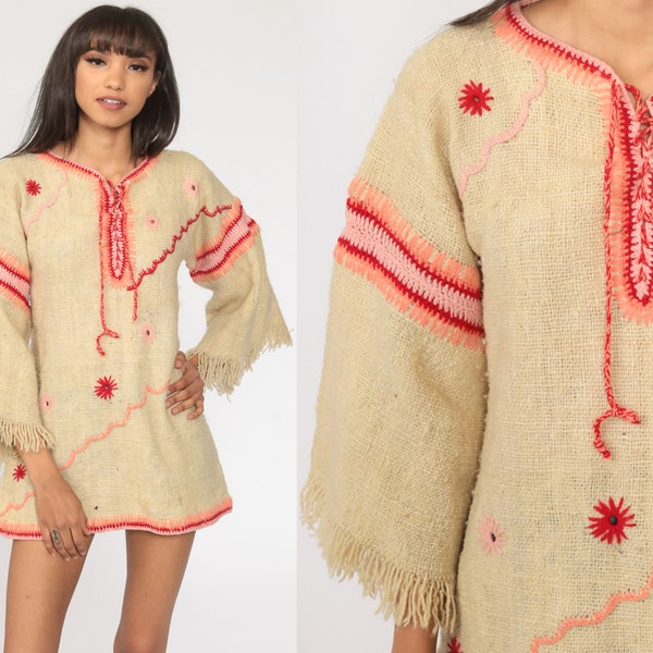 Boho Sweater 70s Cream BELL Sleeve Sweater Knit Bohemian Fringe Sweater Lace Up Embroidered Pullover Vintage Small S