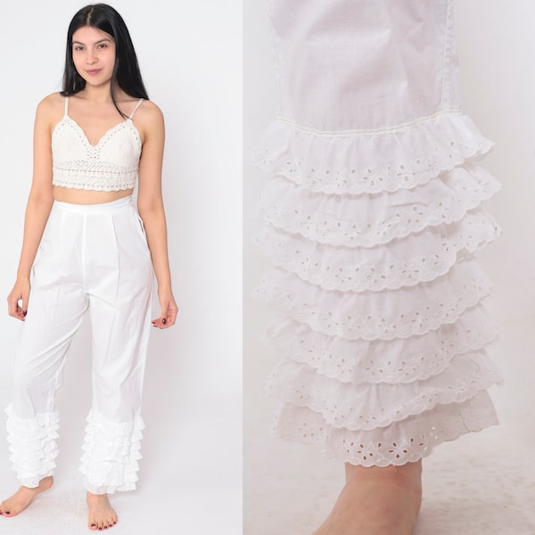 White Ruffled Pantaloons 60s Pettipants Eyelet Lace Ruffle High Waisted Victorian Underwear Pants Petti Pants Vintage 1960s Extra Small xs