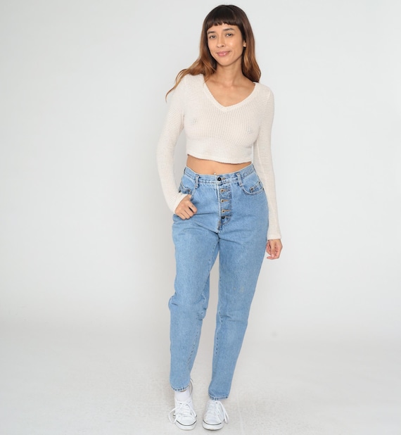 High Waisted Jeans 90s Button Fly Light Wash Denim Mom Jeans Tapered Leg Vintage Blue Relaxed Fit Enuf Brand Streetwear Classic Fit Medium M