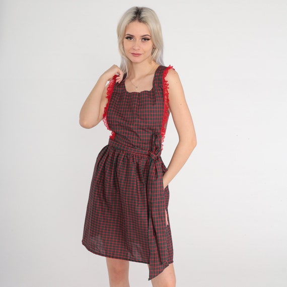 70s Apron Dress Red Plaid Open Back Diner Uniform… - image 2