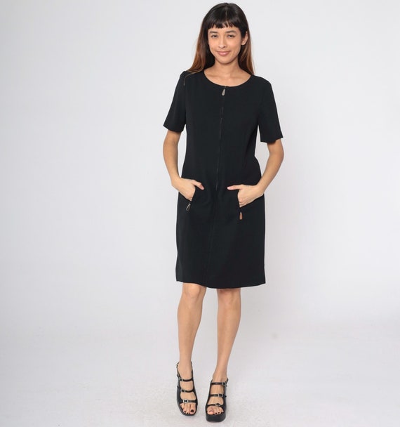 90s Black Zip Up Dress Shift Mini Dress Short Sleeve Pocket Vintage 1990s Simple Carole Little Medium