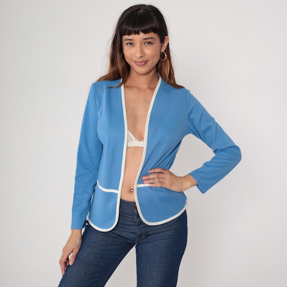 Contrast Piping Jacket 70s Blue White Open Front Long Sleeve VintageWoodstock Hippie Lady Blair Festival Statement Groovy Fun Medium M