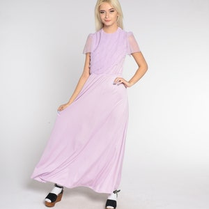 Lavender Party Dress 70s Maxi Dress Asymmetrical Chiffon Ruffle Sheer Puff Sleeve High Waisted Formal Pastel Purple Gown Vintage 1970s Small image 2