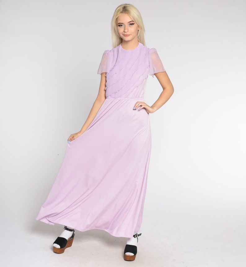 Lavender Party Dress 70s Maxi Dress Asymmetrical Chiffon Ruffle Sheer Puff Sleeve High Waisted Formal Pastel Purple Gown Vintage 1970s Small image 2