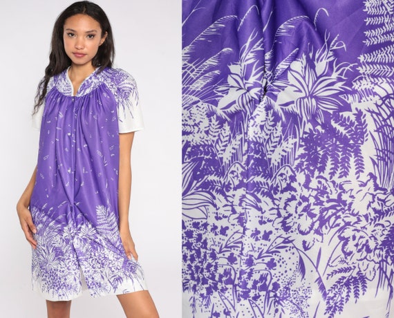 Purple Floral Lounge Dress Nightgown 80s Pajama Dress Lingerie Shift Dress Short Sleeve Mini Nightie Boho Vintage 1980s Button Up Medium M