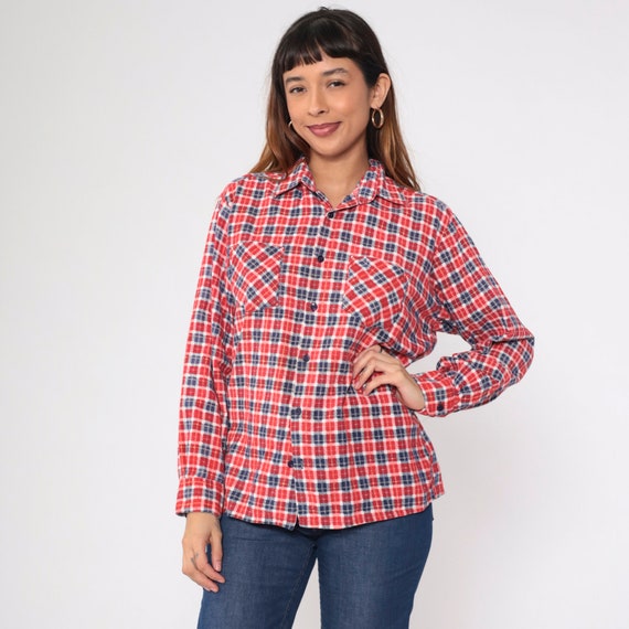 90s Flannel Shirt Plaid Button up Shirt Red White Blue Checkered Print Boyfriend Top Granola Grunge Long Sleeve Cotton Vintage 1990s Medium