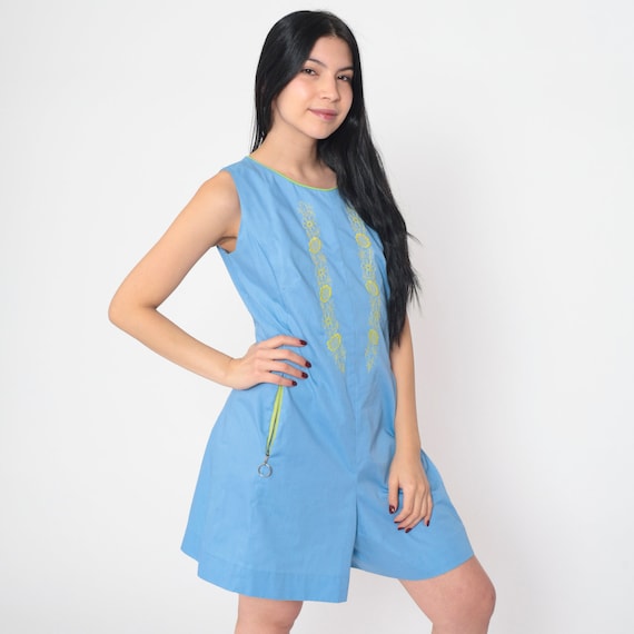 60s Floral Romper Blue Embroidered Mini Scooter Flower Print Summer Mod Outfit Retro Sixties Sleeveless Shorts Cotton Vintage 1960s Small S