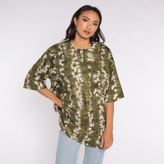 Tie Dye T Shirt 90s Olive Green Tee Hippie Psychedelic Top 1990s Vintage Tunic Top Africa Made in Ghana Shirt Extra Large xl 2xl xxl
