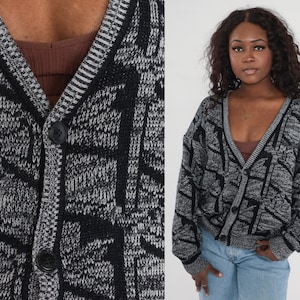 90s Cardigan Sweater Black Grey Abstract Jacquard Sweater V Neck 80s Printed Sweater Pattern Cozy Button Up Knit 1990s Vintage Men&#39;s Large