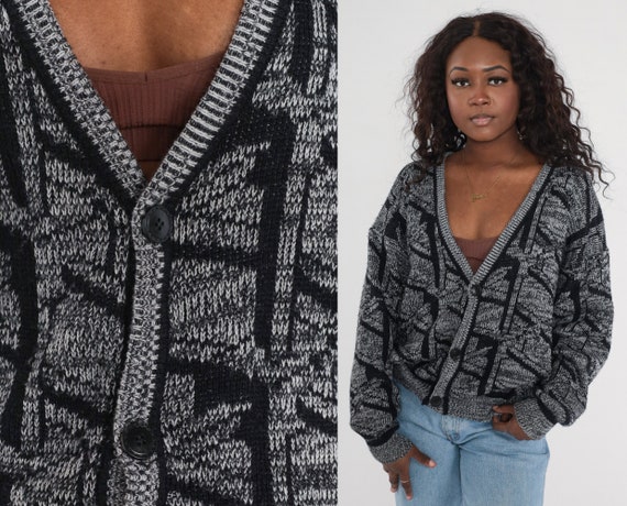90s Cardigan Sweater Black Grey Abstract Jacquard Sweater V Neck 80s Printed Sweater Pattern Cozy Button Up Knit 1990s Vintage Men's Large
