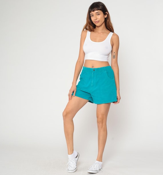 Turquoise Corduroy Shorts 80s High Waisted Mini Blue Elastic Waist Vintage Summer Casual Bright Teal Short Womens Aqua Summer Beach Large L