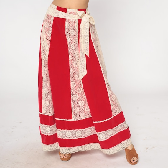 Velvet Lace Skirt 70s Red Maxi Prairie Skirt Retro Boho Bow High Waisted Full Long Skirt Holiday Hippie Western Vintage 1970s Extra Large xl