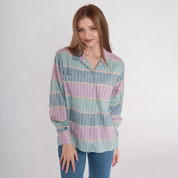 90s Striped Shirt Button Up Blouse Pink Blue Green Tan Retro Long Sleeve Preppy Basic Casual Collared Shirt Multicolor Vintage 1990s Small S