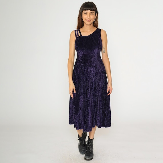 Vintage Purple Velvet Dress 90s Asymmetrical Strap Party Stretch Velvet Sleeveless Fit and Flare Cocktail Gothic Formal Midi Small Medium