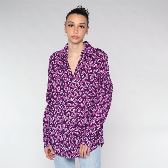 Button Up Shirt Y2k Purple Psychedelic Shirt Abstract Dot Print Long Sleeve Top Groovy Disco Retro Statement Vintage 00s Men's Medium