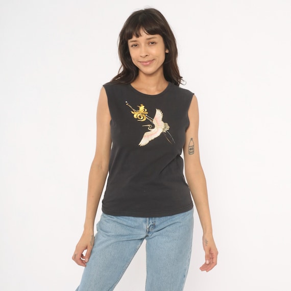 Japanese Crane Tank Gold Embroidered Sleeveless Tee Black Muscle Shirt Bird Top Kanji Vintage Fitted Dark Asian Inspired Crew Neck Small S