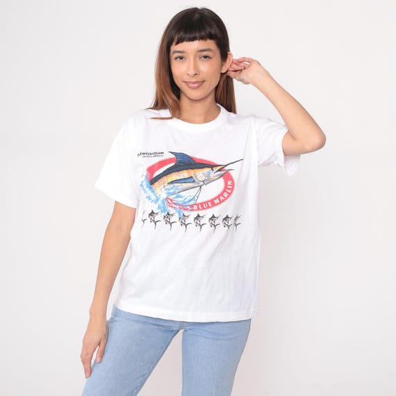 Y2K Blue Marlin Swordfish Tee Mexico Jalisco Playas Fish White T Shirt Vintage Crew Neck Tropical Beach Vacation Summer Top Medium M