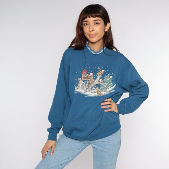 Winter Animal Sweatshirt Blue Snow Bunny Rabbit Squirrel Birds Graphic Sweater 80s Animal Print Vintage 90s Grandma Retro Mock Neck Large L