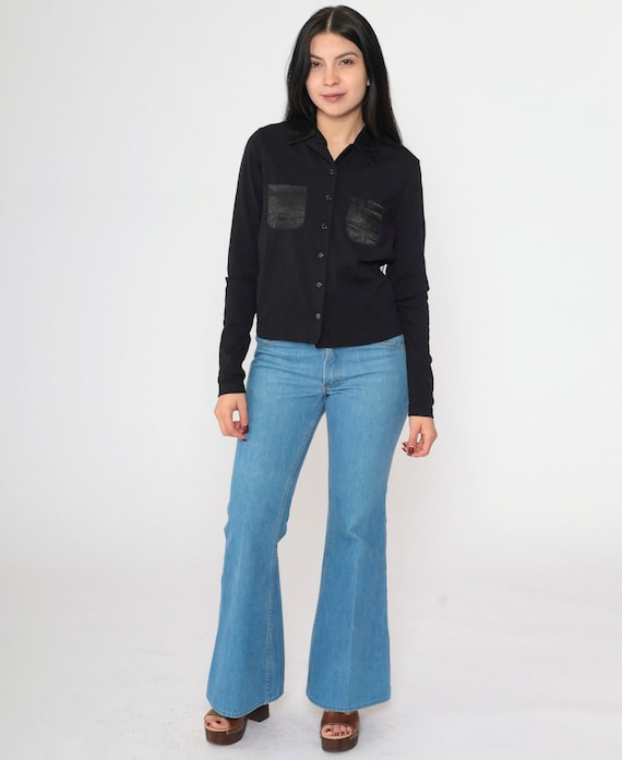 Black Blouse 90s Button Up Top Satin Chest Pocket Retro Collard Shirt Simple Plain Basic Long Sleeve Vintage 1990s Energie Medium