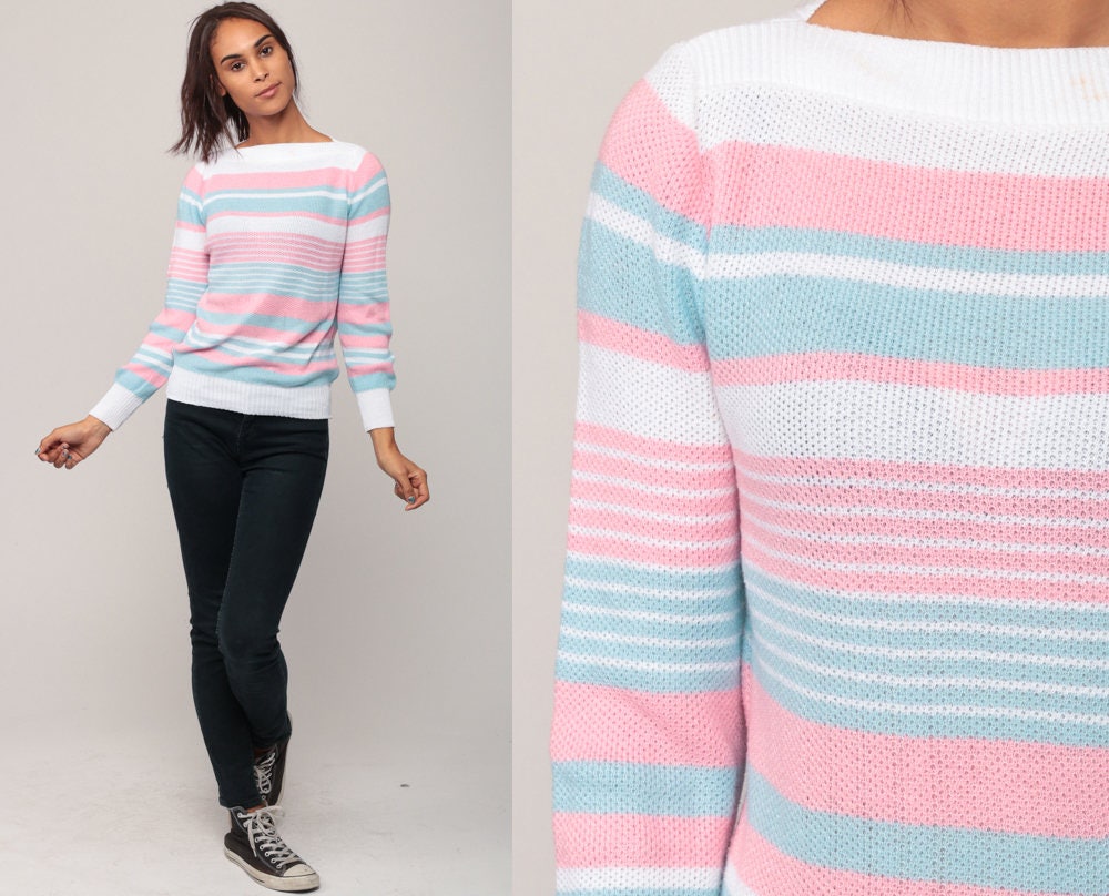 Striped Sweater Pastel Sweater 80s Acrylic Knit Baby Blue Pink BOAT NECK  Sweater Slouchy Pullover Boatneck 1980s Vintage White Small