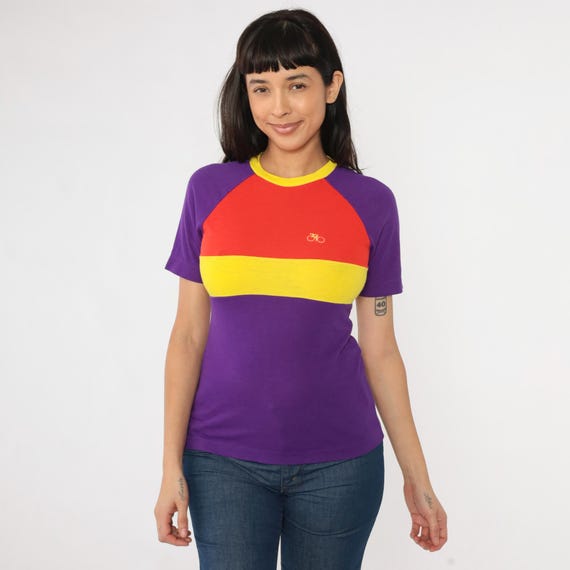 Vintage 70s 80s Cycling Ringer Tee Shirt Catalina Sportswear Shirt Purple Red Yellow Colorblock Striped Bicycle Graphic 1970s Small xs