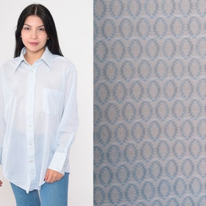 70s Button Up Shirt Semi Sheer White Blue Geometric Print Disco Shirt Retro Long Sleeve Collared Vintage 1970s Men&#39;s 16 33 Large