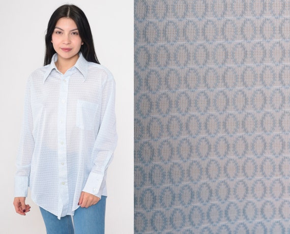 70s Button Up Shirt Semi Sheer White Blue Geometric Print Disco Shirt Retro Long Sleeve Collared Vintage 1970s Men's 16 33 Large