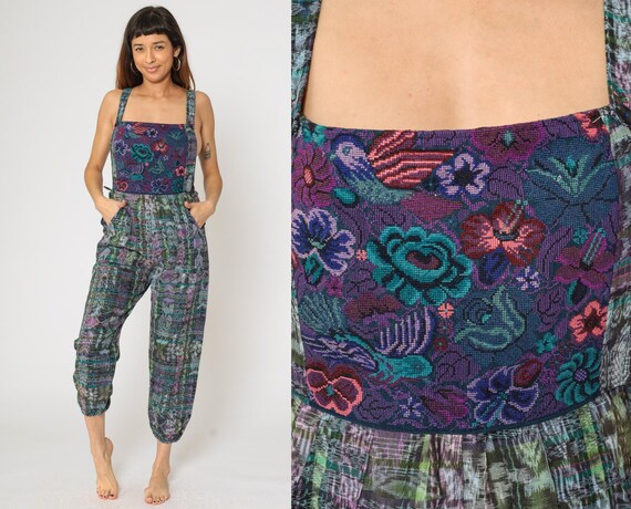 Guatemalan Patchwork Overalls Pants Floral Bird T… - image 2