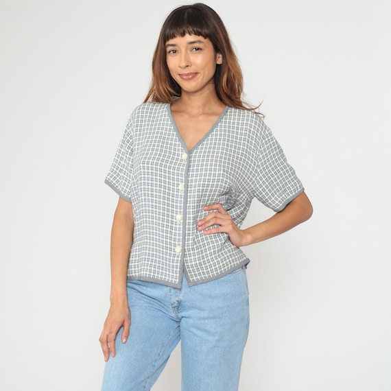 Blue Gingham Top 90s Cottagecore White Check Short Sleeve Rayon Blouse Button Front Vintage Minimalist Shirt Summer Casual Wear Large L