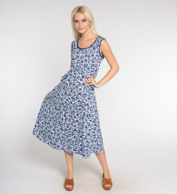 Floral Midi Dress 60s Day Dress Blue White Rhinestone Flower Beaded High Waisted Sleeveless A Line Summer Sundress Vintage 1970s Medium