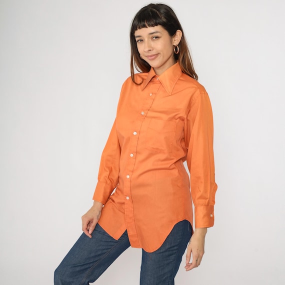70s Orange Button Up Shirt Dagger Collar Shirt Long Sleeve Top Disco Retro Plain Vintage 1970s Men's 14 1/2 Small