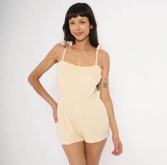 80s Terrycloth Romper Cream Tie Shoulder Strap Playsuit One Piece Shorts Summer Beach Coverup Cotton Terry Vintage Jumpsuit Medium Large M L