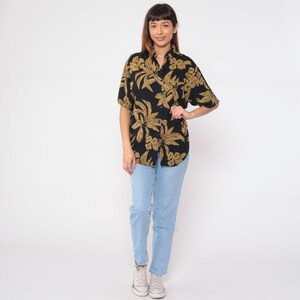 Tropical Floral Blouse 90s Button Up Shirt Black Cheetah Animal Print Flower Leaf Top Summer Short Sleeve Botanical Vintage 1990s Small S image 3