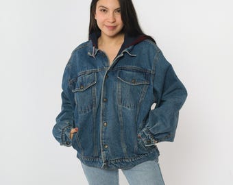 Vintage Hooded Jean Jacket 90s Denim Jacket Button Up Hoodie Blue Burgundy Sweatshirt Hood Coat Retro Bomber Trucker 1990s Men's Medium