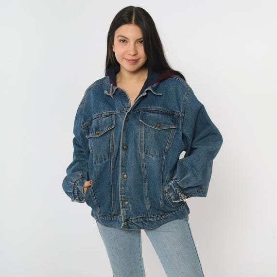 Vintage Hooded Jean Jacket 90s Denim Jacket Button Up Hoodie Blue Burgundy Sweatshirt Hood Coat Retro Bomber Trucker 1990s Men's Medium