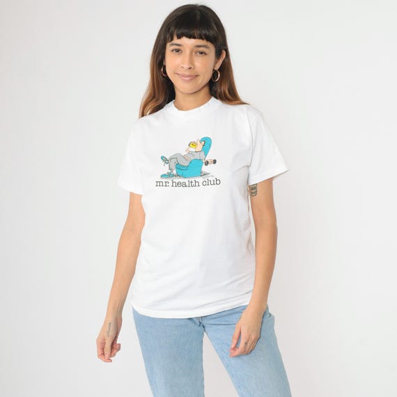 Vintage Jim Benton Comic T-Shirt 90s Mr. Health Club Graphic White Exercise Joke Humor 1990s Sharky's Dry Goods Medium M
