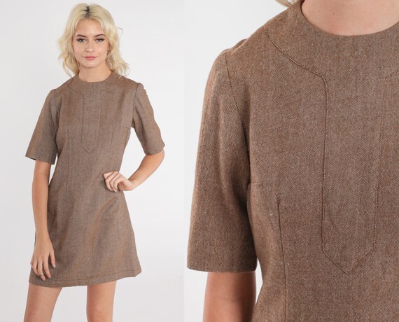 60s Brown Mini Dress Mod Mini Sheath Dress 1960s Plain Flecked Wool Dress Twiggy Vintage Short Sleeve Space Age Sixties Extra Small xs