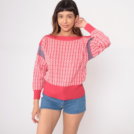 80s Pink Coral Sweater Demetre Wool Geometric Diamond Nordic Style Boat Neck Pullover Winter Chunky Knit Vintage Teal Accent Medium M