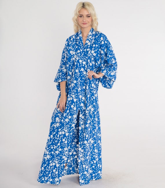 Blue Floral Kimono 80s Long Robe Open Front Maxi Jacket Japanese Full Length House Coat Flower Print Cotton Vintage 1980s Extra Large xl
