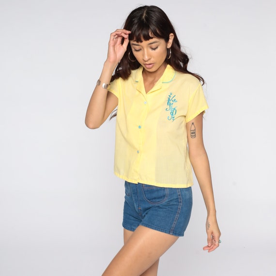 Yellow Button Up Shirt 70s VIP Embroidered Shirt … - image 4