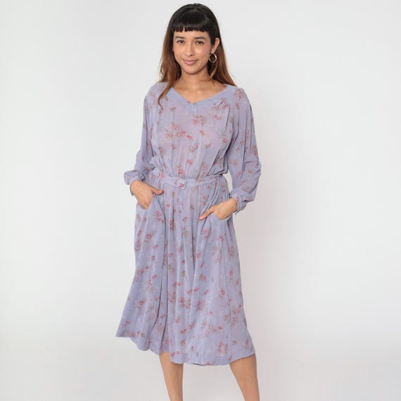 80s Sheer Lavender Floral Dress Vintage Belted Long Sleeve Midi Boho High Waisted Blouson Flowy Bohemian Small Medium
