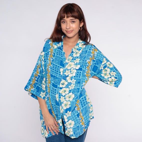 90s Hawaiian Shirt Blue Tropical Floral Kimono Open Front Geometric Print Resort Beach Vacation Unisex Hibiscus Orange White Extra Large XL