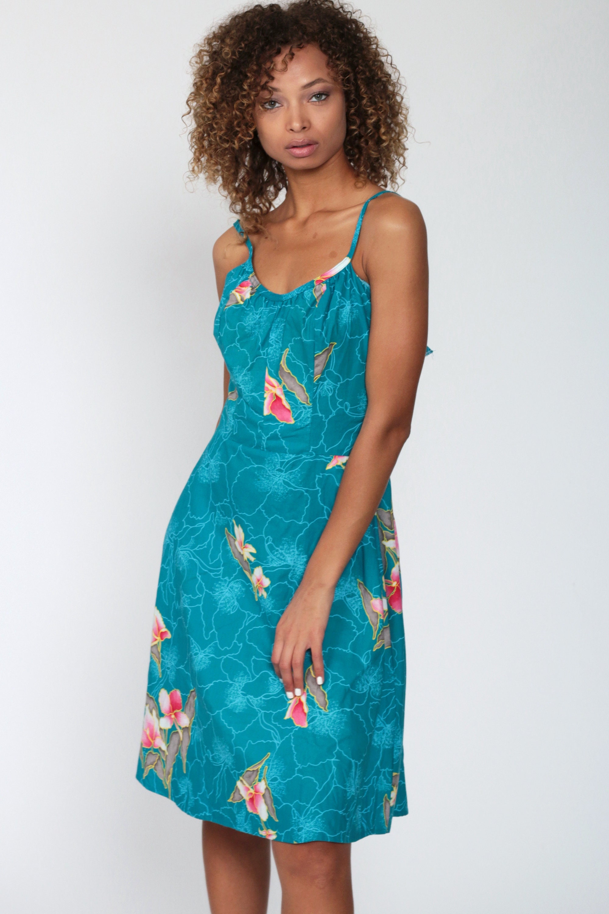 70s Sun Dress HAWAIIAN Floral Print Sundress Midi Blue | Etsy