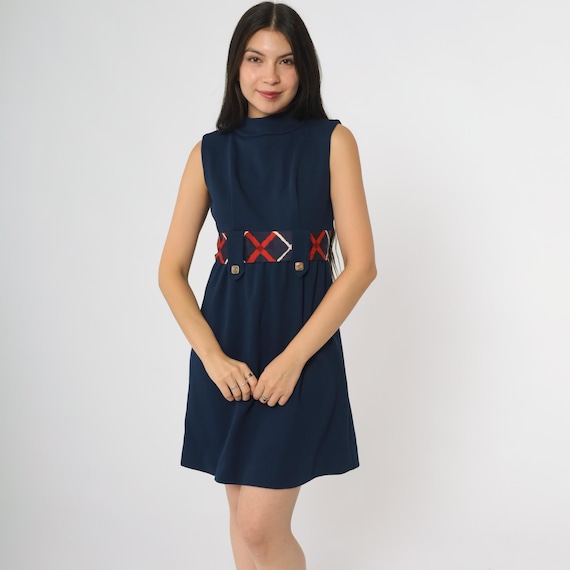 Mod Mini Dress 60s Navy Blue Mock Neck Sleeveless Geometric Belt Vintage Space Age Twiggy Style A-Line Retro Go-Go Fashion Extra Small XS