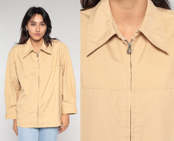 Tan Windbreaker 70s Arnold Palmer Zip Up Jacket Plain Retro Work Wear Simple Dagger Collar Workwear Sporty Coat Vintage 1970s Mens Large 44