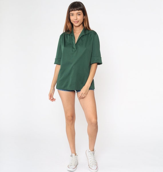 Dark Green Shirt 70s Johnny Collar Polo Shirt Collared V Neck Top Cuffed Short Sleeve Blouse Preppy Plain Casual Vintage 1970s Large xl l
