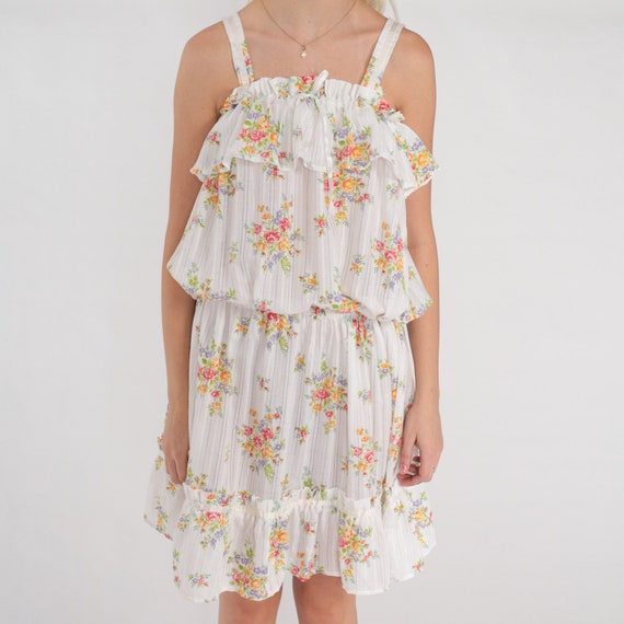 White Floral Dress 70s Mini Sundress Ruffle Blous… - image 8