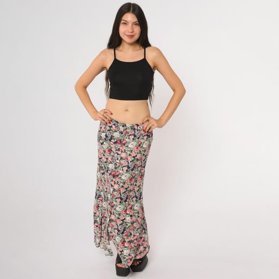 90s Floral Skirt Maxi Navy Rose Print Button Front Long Length Goth Grunge Whimsigoth Romantic Dark Alternative Size Large L