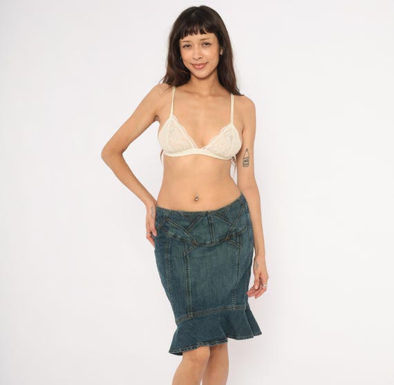 Y2K Denim Skirt Ruffle Hem Blue Jean Flounce Bottom Fitted Pencil Detail Cotton Mermaid Trumpet Fishtail Grunge Alt Vintage Medium M